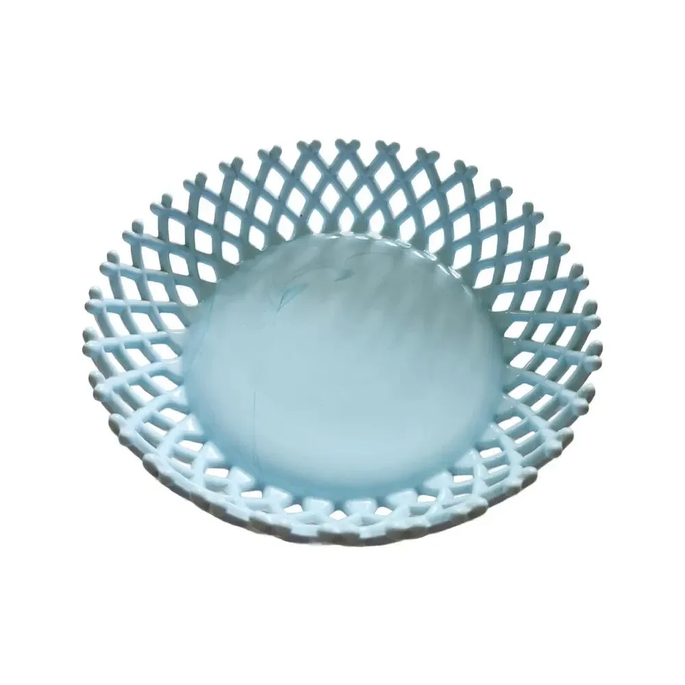 Vintage Blue Slag Glass Basket Weave Fruit Bowl, 1930s, 9